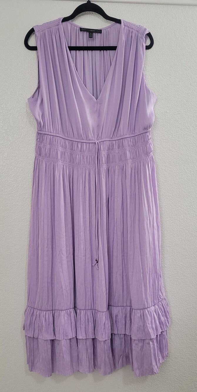 White House Black Market XL Lavender Midi Dress Smocked Waist Ruffle Hem
